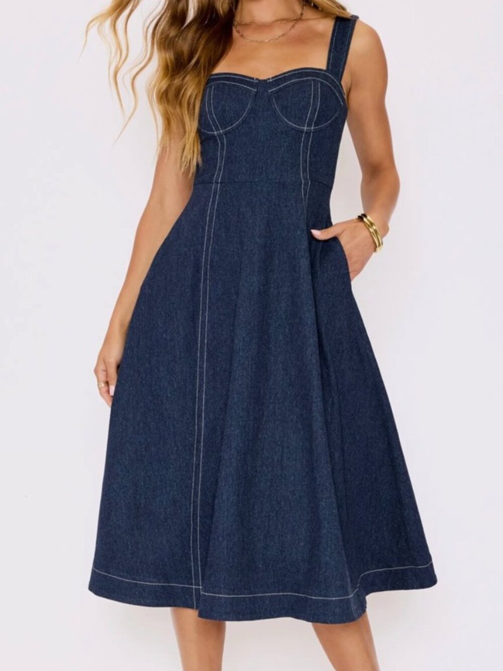 VICI Collection Rey Bustier Bodice Denim Midi Dress - Picture 3 of 8